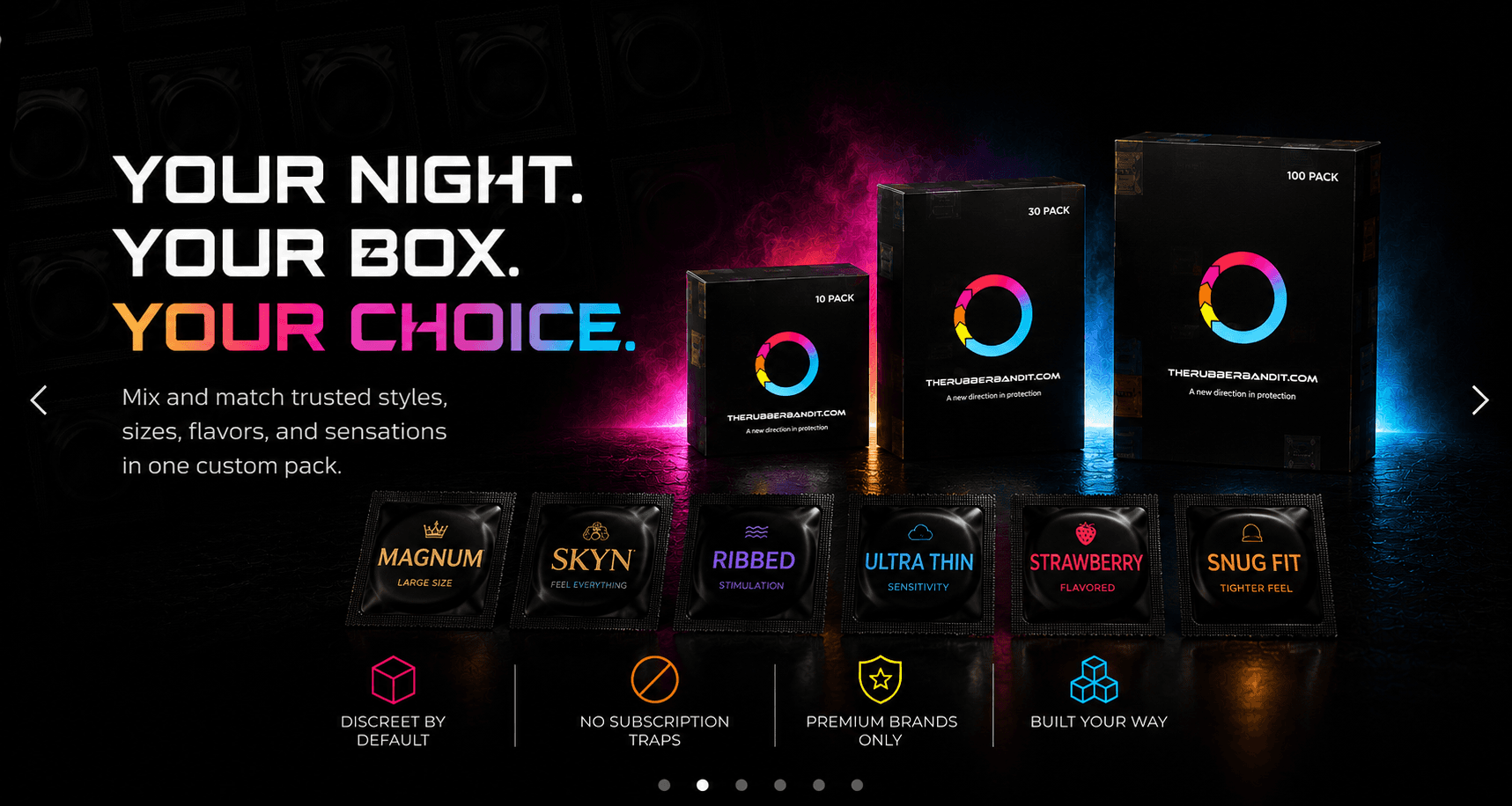 Your night, your box, your choice — build a custom condom box mixing Magnum, SKYN, ribbed, ultra-thin, flavored, and snug-fit styles